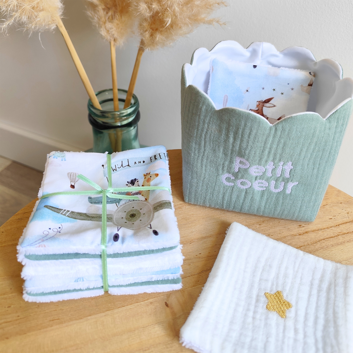 Duo panière et lingettes lavables carrées